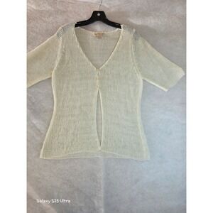 Christine Cream Open Knit Short Sleeve Button Front Cardigan Sweater Large 0011